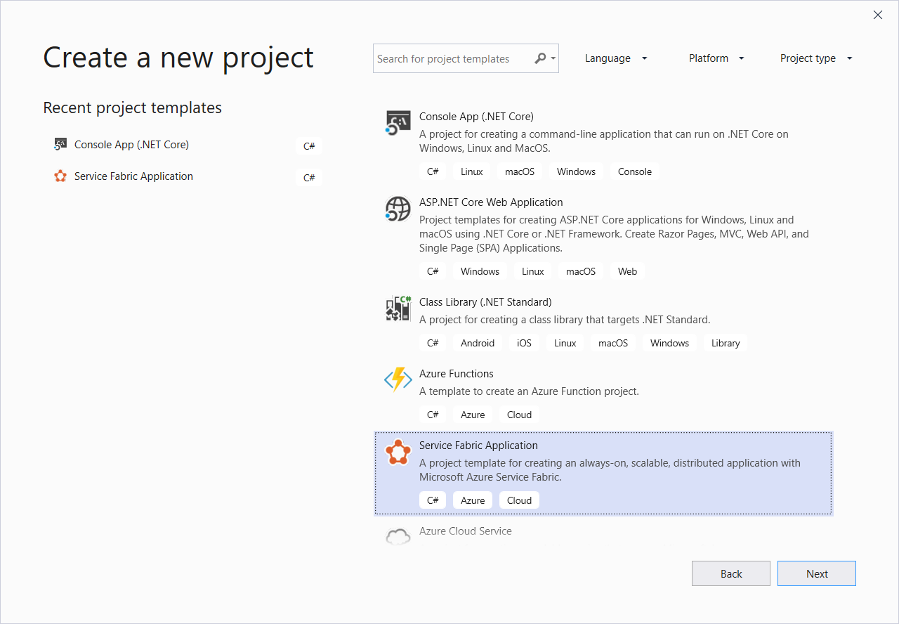 Nástroje Service Fabric pro Visual Studio – nový projekt