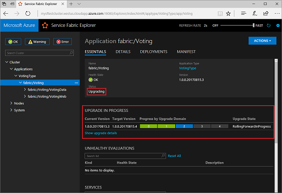 Snímek obrazovky s hlasovací aplikací v Service Fabric Exploreru Je zvýrazněná zpráva Stavová zpráva Upgrade a Probíhá upgrade.