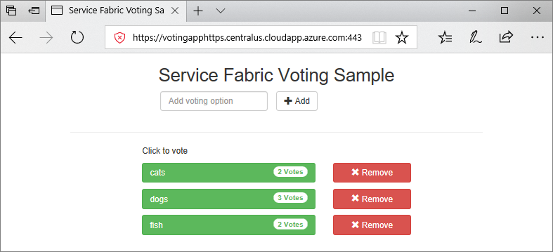 Snímek obrazovky s ukázkovou aplikací Service Fabric Voting v okně prohlížeče s adresou URL https://mycluster.region.cloudapp.azure.com:443.