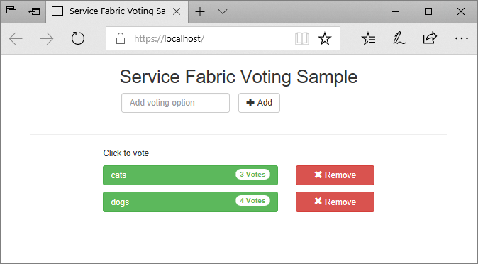 Snímek obrazovky s hlasovací ukázkovou aplikací Service Fabric spuštěnou v okně prohlížeče s adresou URL https://localhost/.