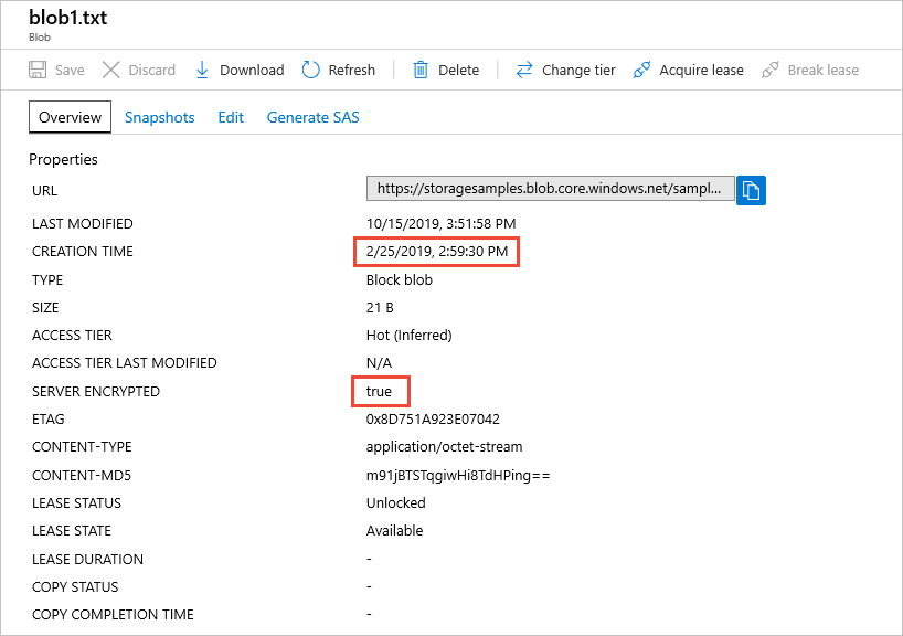 Snímek obrazovky znázorňující, jak zkontrolovat vlastnost Server Encrypted v Azure Portal