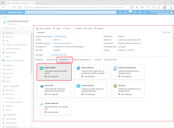 Obrázek znázorňující přístup ke stránce konfigurace statického webu v rámci Azure Portal