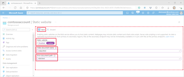 Obrázek znázorňující, jak nastavit vlastnosti statického webu v rámci Azure Portal