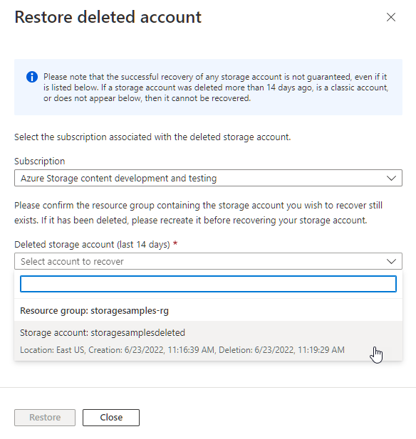 Snímek obrazovky znázorňující obnovení účtu úložiště v Azure Portal