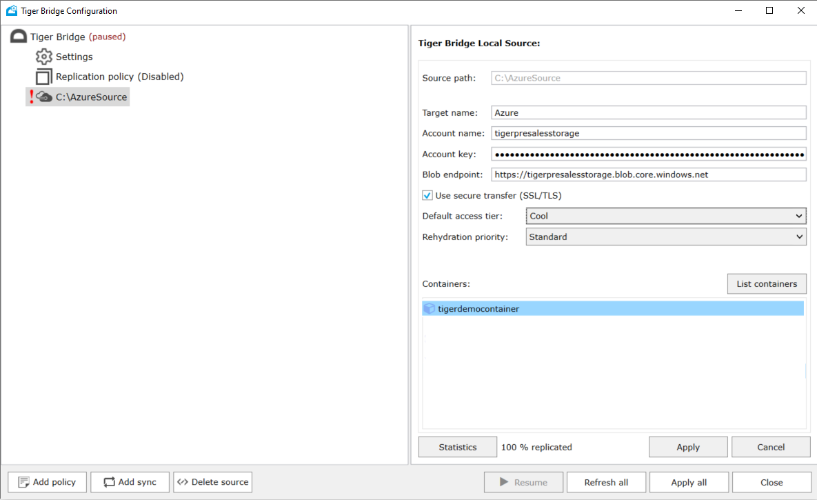 Screenshot that shows how to pair Tiger Bridge local source with Azure storage account.