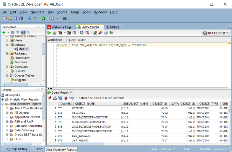 Snímek obrazovky znázorňující dotazování na seznam funkcí v Oracle SQL Developer