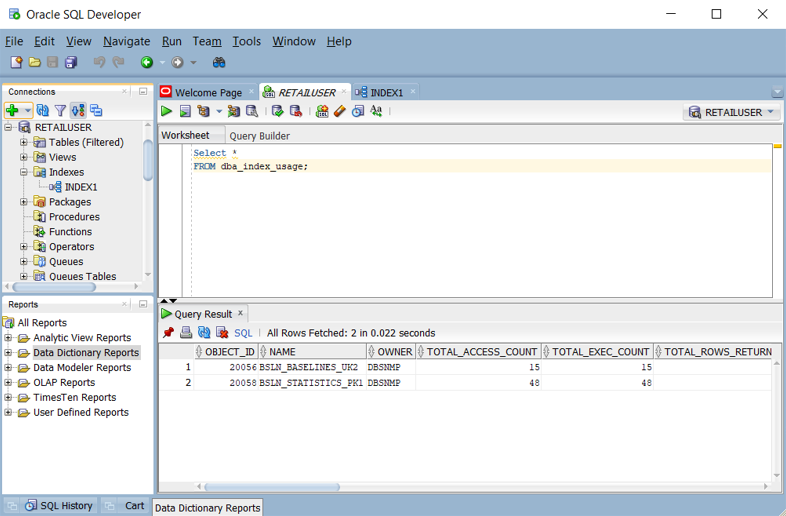Snímek obrazovky ukazující, jak zjistit, které indexy se používají v Oracle SQL Developer