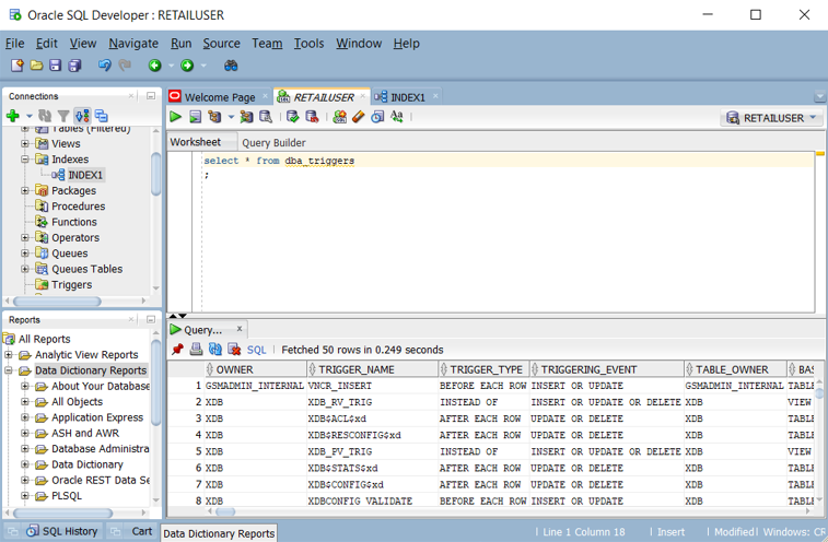 Snímek obrazovky znázorňující dotazování na seznam aktivačních událostí v Oracle SQL Developer