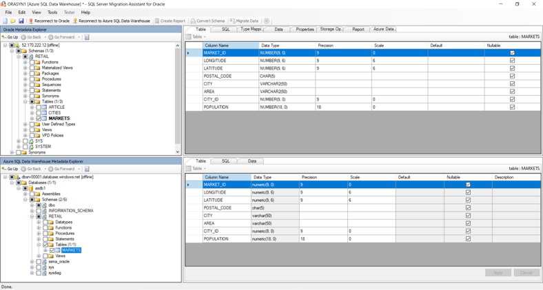 Snímek obrazovky znázorňující, jak může Pomocník s migrací SQL Serveru pro Oracle automatizovat mnoho částí procesu migrace