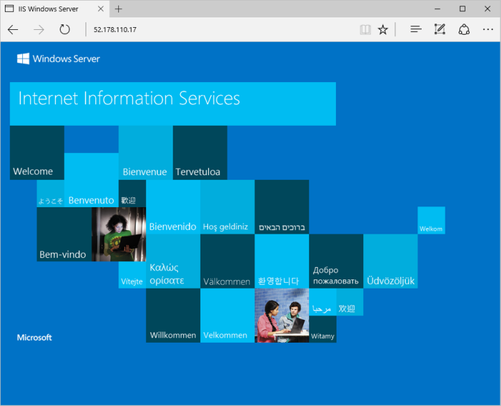 Snímek obrazovky s výchozím webem služby IIS v prohlížeči