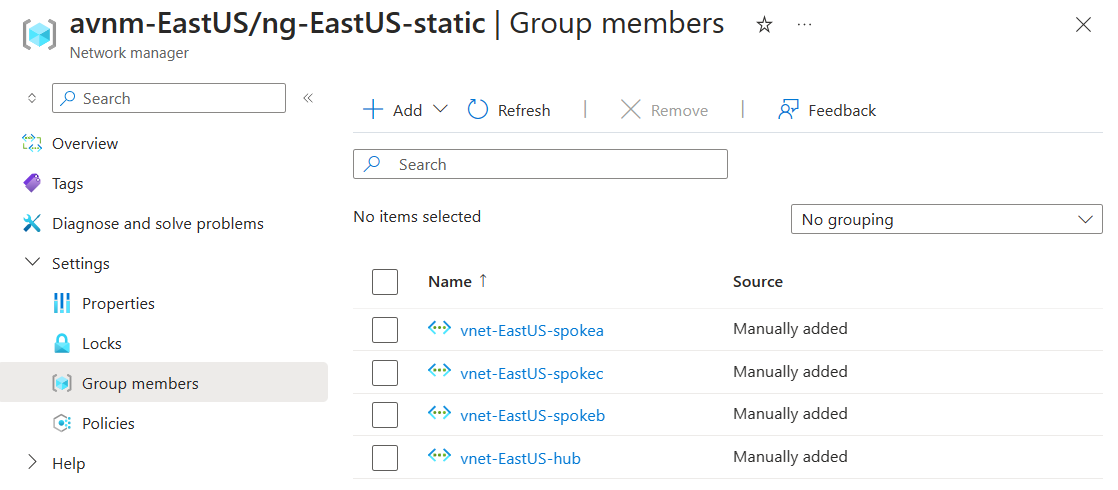 Snímek obrazovky se statickými členy ve skupině sítě pro nasazení statické topologie