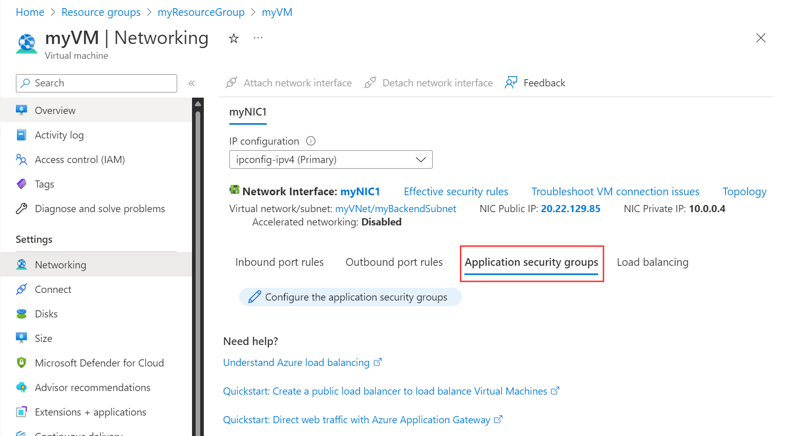 Snímek obrazovky s konfigurací skupiny zabezpečení aplikace