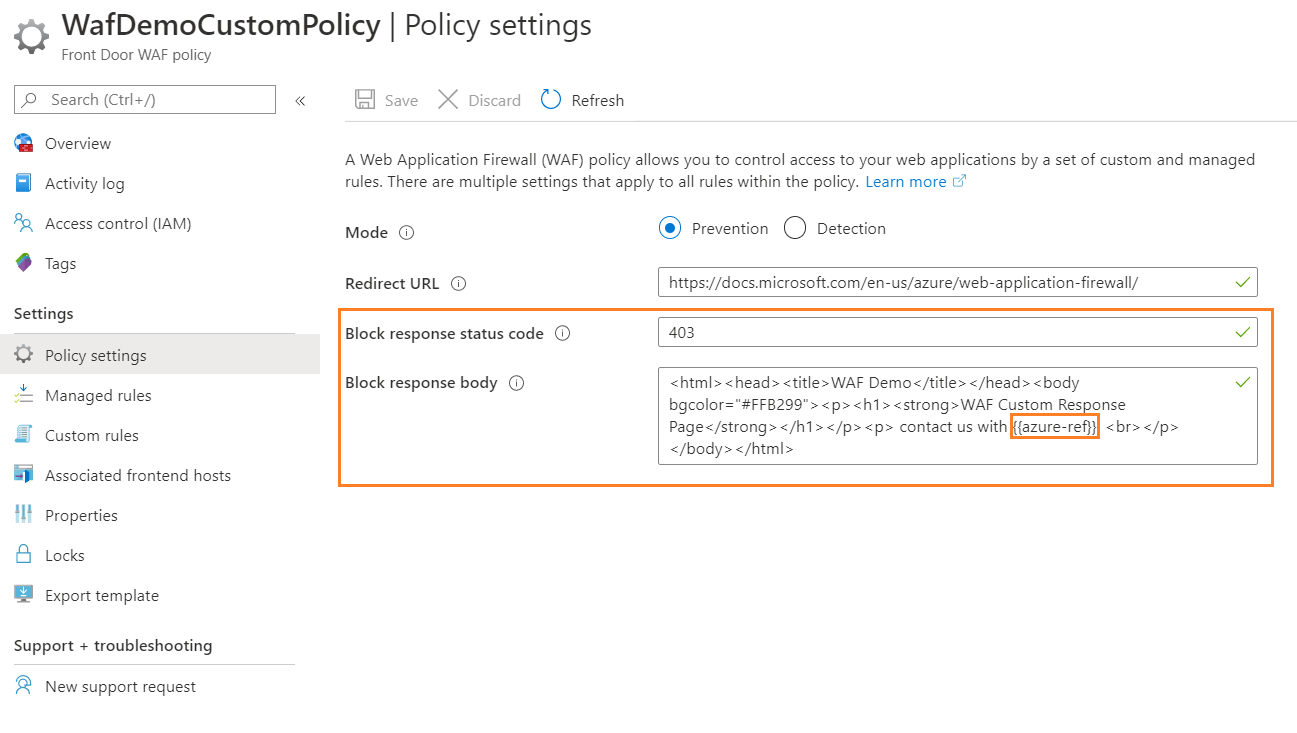 Snímek obrazovky znázorňující nastavení Azure Web Application Firewall Policy