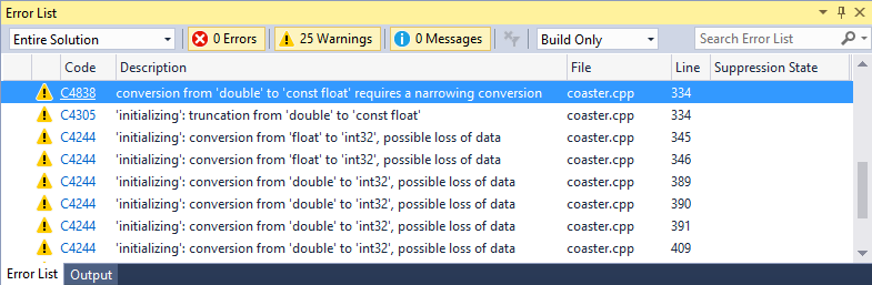 Snímek obrazovky s oknem Seznam chyb sady Visual Studio