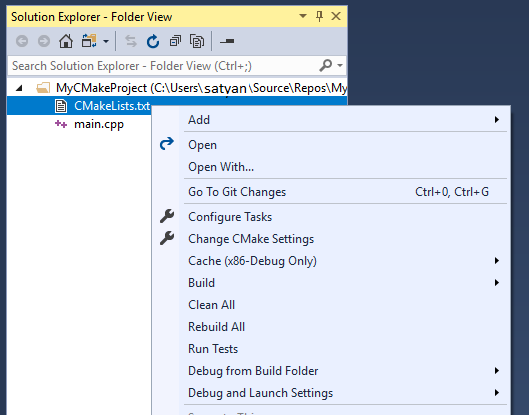 Snímek obrazovky Průzkumník řešení sady Visual Studio po kliknutí pravým tlačítkem na CMakeLists.txt