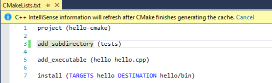 Snímek obrazovky se souborem C Make Lists .txt upravovaným v sadě Visual Studio
