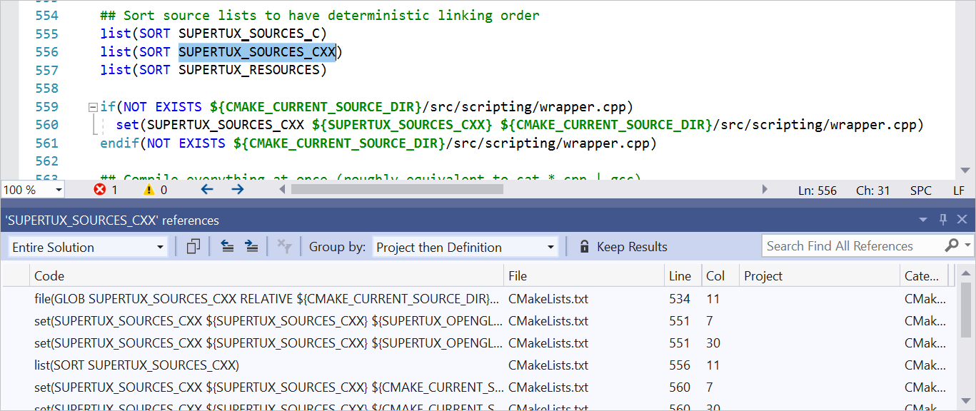 Snímek obrazovky s oknem Najít všechny odkazy v sadě Visual Studio