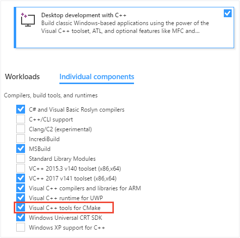 Snímek obrazovky s Instalační program pro Visual Studio Na kartě Jednotlivé komponenty je vybraná možnost Visual C plus plus nástroje pro CMake.