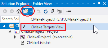 Snímek obrazovky s tlačítkem rozevíracího seznamu v sadě Visual Studio Průzkumník řešení, které nabízí možnost zobrazení cílů CMake Která je vybrána.