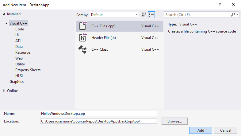 Snímek obrazovky s dialogovým oknem Přidat novou položku v sadě Visual Studio 2019 Je vybrána možnost C plus plus Soubor (.cpp). Pole s názvem je nastavené na Hello Windows Desktop.cpp.