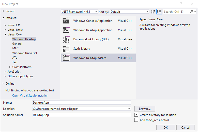 Snímek obrazovky s dialogovým oknem Nový projekt v sadě Visual Studio 2017 Je vybrána položka Průvodce plochou systémem Windows. Textové pole s názvem říká DesktopApp.