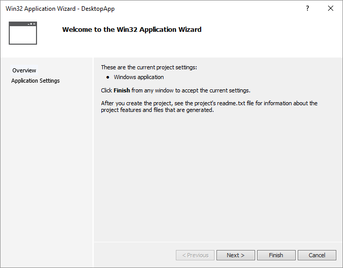Vytvoření desktopové aplikace na stránce Přehled Průvodce aplikací Win32
