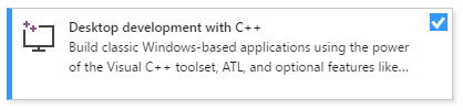 Snímek obrazovky s úlohou Vývoj desktopových aplikací pomocí jazyka C++ v Instalační program pro Visual Studio, ve kterém je uvedeno: Vytváření klasických aplikací založených na Windows s využitím výkonu sady nástrojů Visual C++