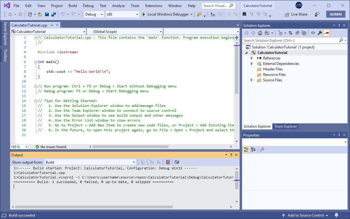 Snímek obrazovky s oknem Výstup sady Visual Studio Zobrazuje zprávu, že sestavení bylo úspěšné.
