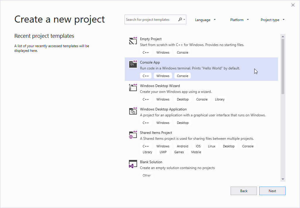Snímek obrazovky s dialogovým oknem Vytvořit nový projekt v sadě Visual Studio Možnost Šablony konzolové aplikace je zvýrazněná.