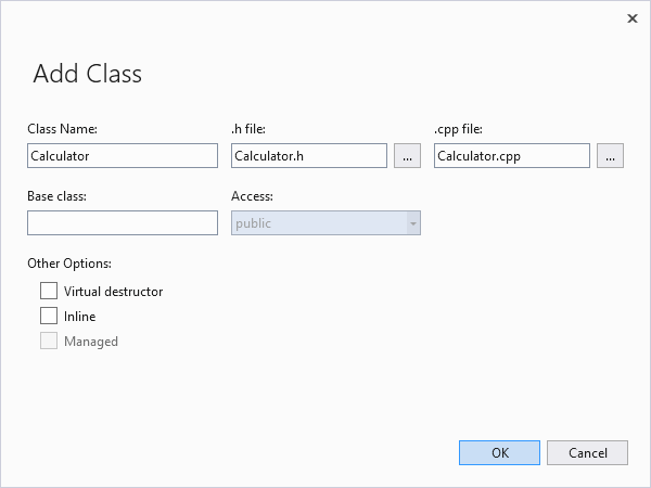 Snímek obrazovky s dialogovým oknem Přidat třídu sady Visual Studio