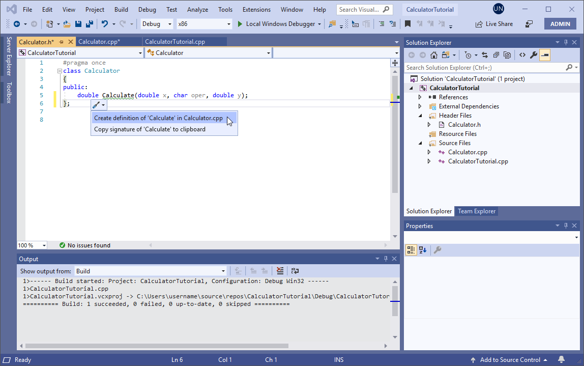 Snímek obrazovky s rozevíracím seznamem šroubováku v okně editoru sady Visual Studio Je zvýrazněná možnost Vytvořit definici výpočtu v Calculator.cpp.
