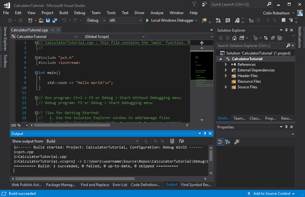 Snímek obrazovky s oknem Výstup sady Visual Studio, ve kterém je vidět, že sestavení proběhlo úspěšně