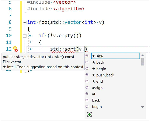 Snímek obrazovky s rozevíracím seznamem C plus IntelliCode, který zobrazuje členy třídy vektoru seřazené podle, které se ve vašem kódu nejčastěji používají