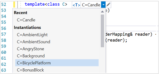 Snímek obrazovky s výsledky intellisense šablony se seznamem různých typů použitých k vytvoření instance parametru šablony C, například C = AmbientLight, C = Candle a dalších