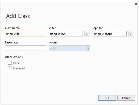Snímek obrazovky s dialogovým oknem Přidat novou třídu Obsahuje pole pro název třídy, přístupnost, soubory pro vložení deklarace a implementace atd.