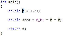 Snímek obrazovky se zvýrazněnou proměnnou r Řádek zní: double r = 1,23;.