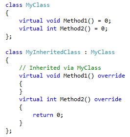 Snímek obrazovky třídy MyInheritedClass, která teď obsahuje 2 definice virtuálních metod, které odpovídají názvům a podpisům deklarací v základní třídě