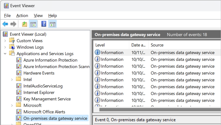 On-premises data gateway event logs.