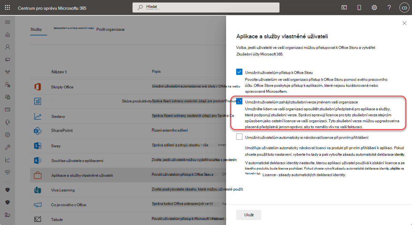 Snímek obrazovky s Microsoft Defender Správa zranitelností nastavením zkušební verze uživatele