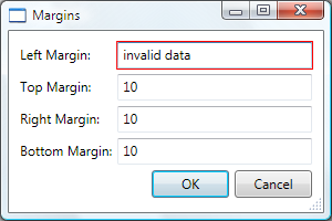 A Margins dialog box with a red border around the invalid left margin value.