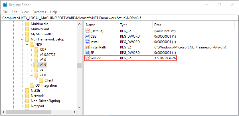 Položka registru pro rozhraní .NET Framework 3.5.