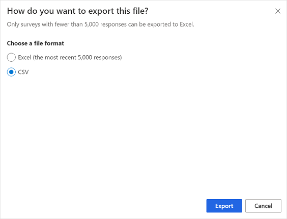 Výběr formátu souboru pro export odpovědí průzkumu.