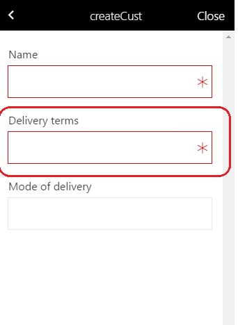 Delivery terms field is marked as mandatory.