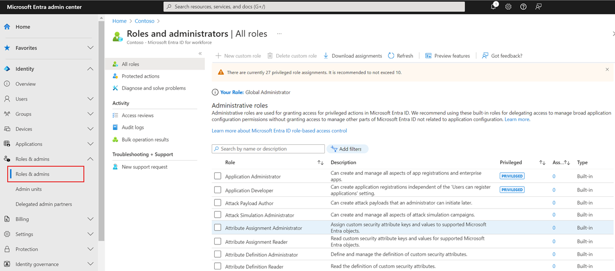 Snímek obrazovky se stránkou Role a správci v Microsoft Entra ID
