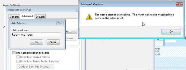 Snímek obrazovky s chybovou zprávou o názvu při přidávání poštovní schránky místnosti nebo prostředku mezi doménovými strukturami v Outlooku