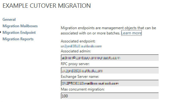 Snímek obrazovky se stránkou Ukázková přímá migrace