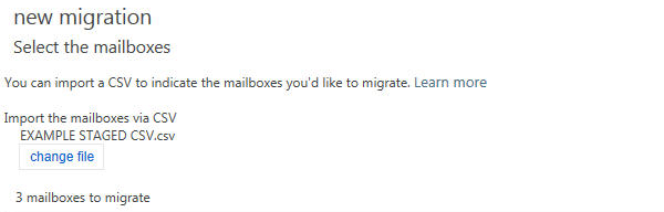 Snímek obrazovky se stránkou Vybrat poštovní schránky pro fázovanou migraci