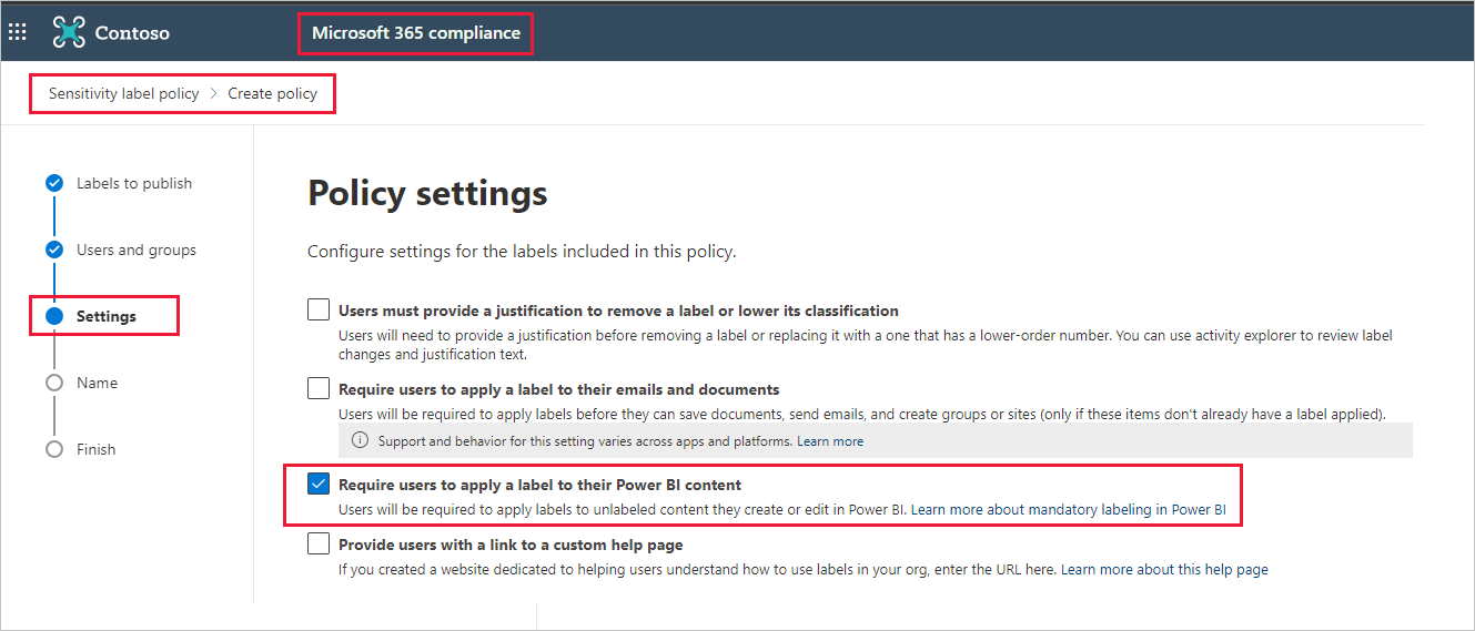 Screenshot of mandatory label setting in the Microsoft Purview compliance portal.