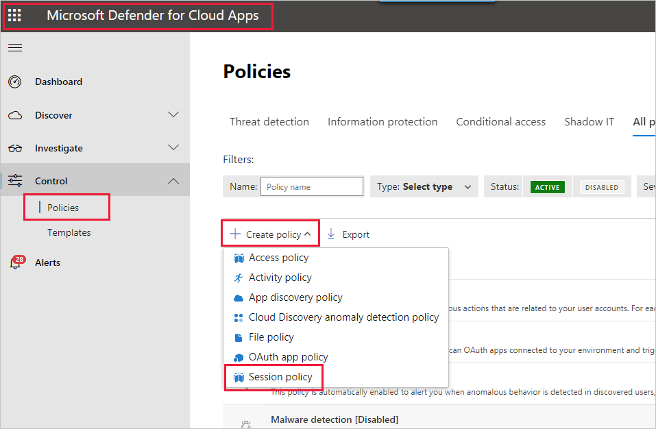 Snímek obrazovky panelu zásad Defenderu for Cloud Apps se zvýrazněnými zásadami, vytvořením zásad a zásadami relace