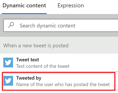 [Snímek obrazovky přidání tweetování pomocí dynamického obsahu.